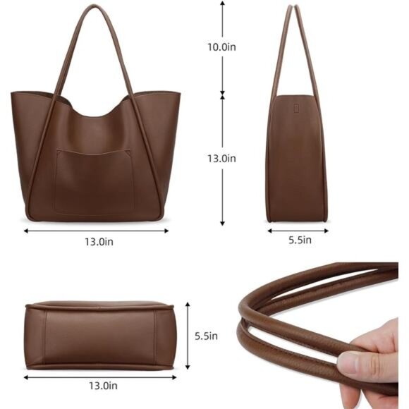 Tote Bag Vegan Leather Large Capacity Coffee - Picture 6 of 7